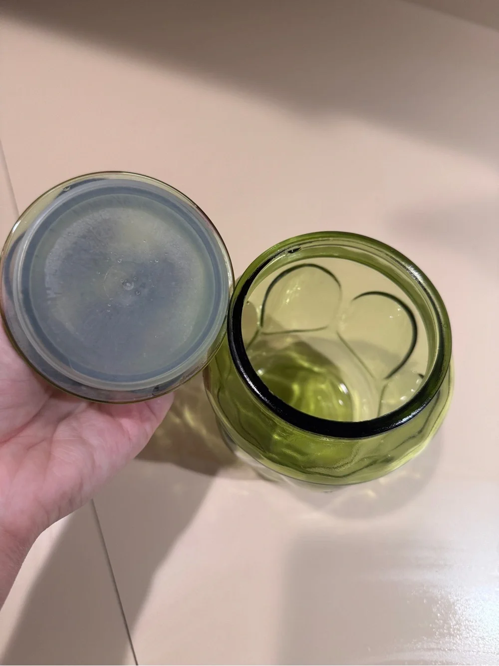 Vintage small green glass jar with lid